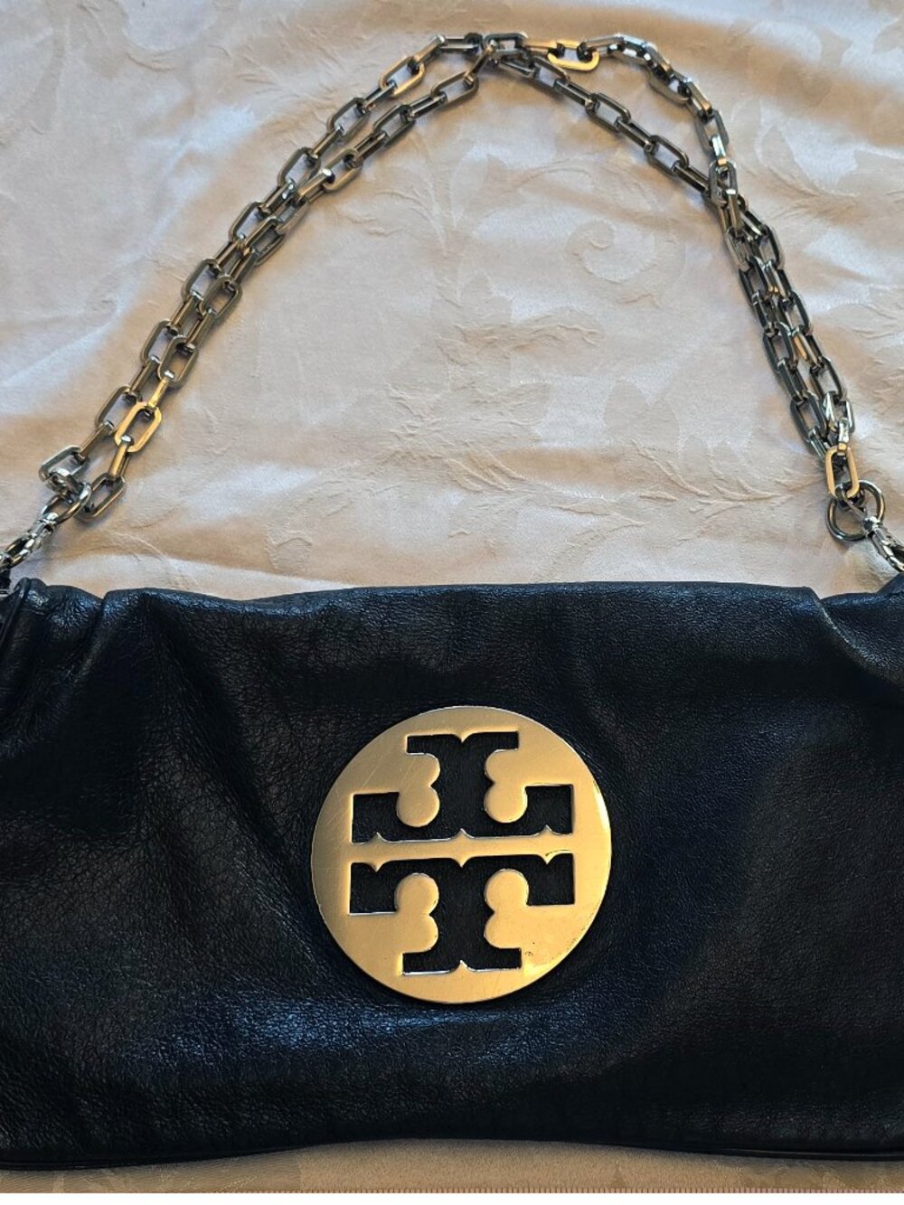 Tory Burch Black Leather Chain Crossbody with Silver Logo